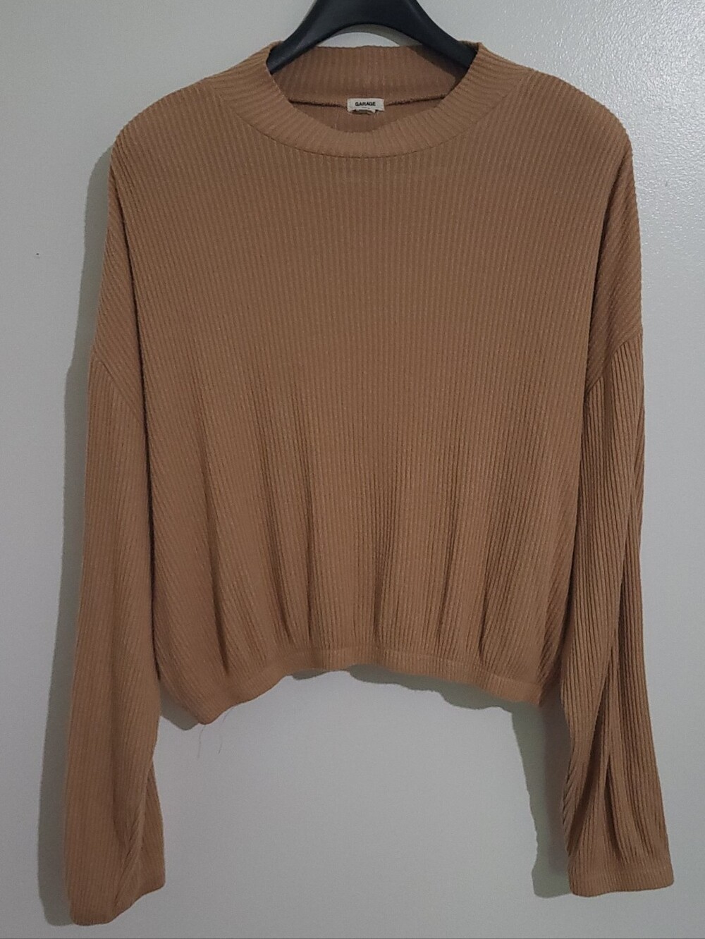 Garage Cropped Ribbed Knit Crewneck Sweater Tan (camel/caramel) Size L
